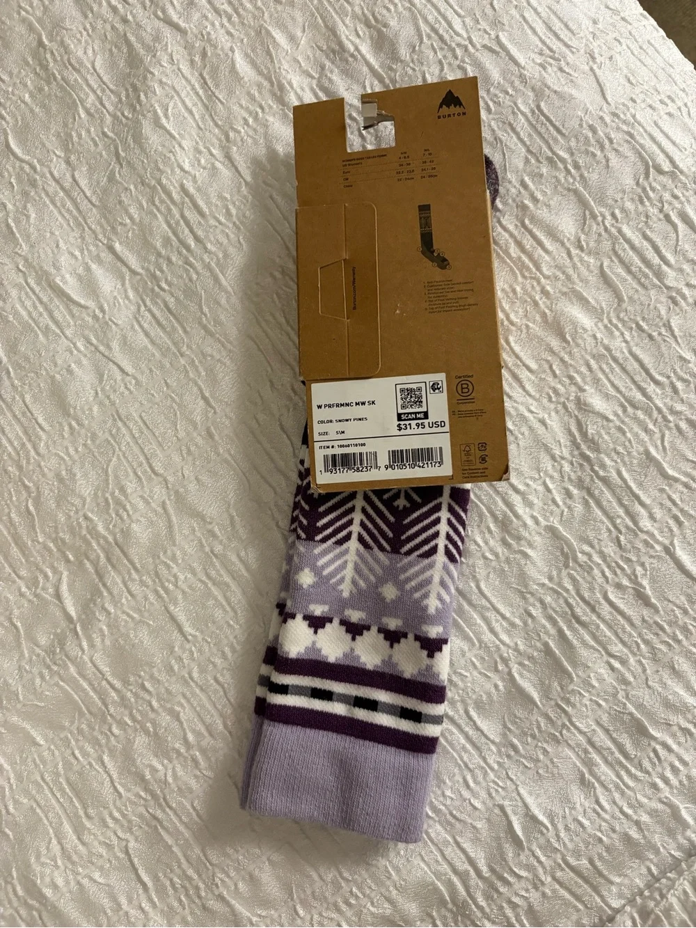 NWT Womens Burton Performance Midweight Socks Purple Snowy Pines S/M US Sz 4-6.5